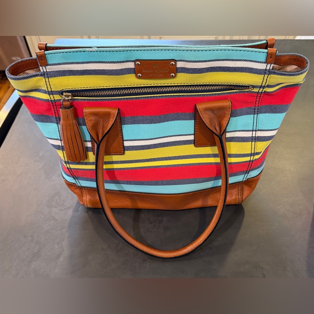 Kate Spade Multicolor Striped Tote with Brown Leather